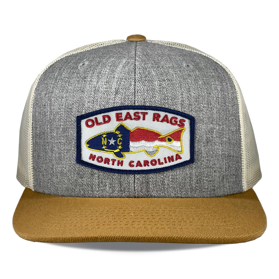 https://www.oldeastrags.com/wp-content/uploads/2019/11/Richardson-511-heather-birch-gold-snapback-flatbill-old-east-rags-fishing-patch.jpg